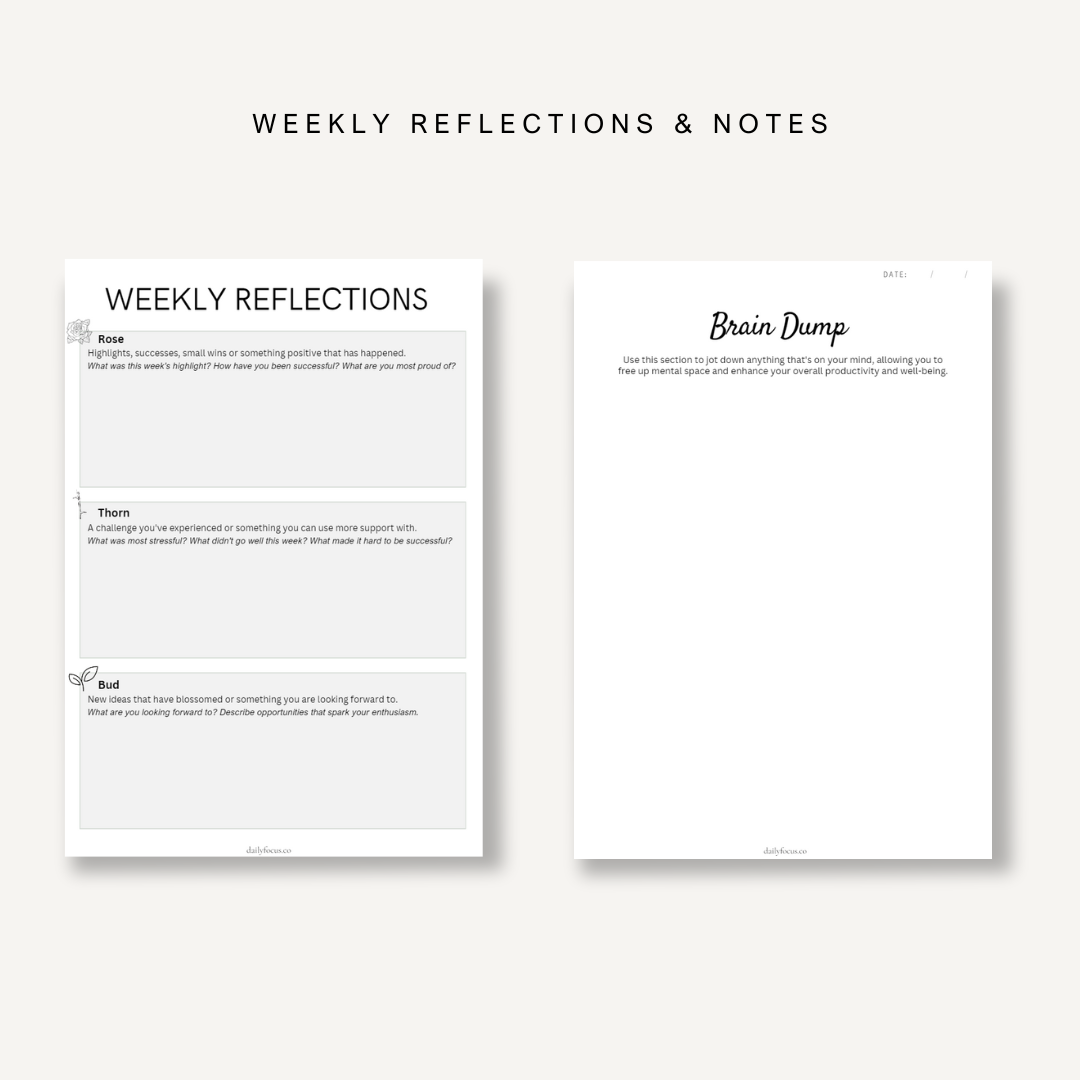 Weekly Reflections, thoughts, ideas, guided gratitude, notes, inside pages