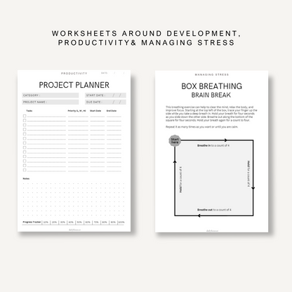 productivity worksheets, project planner, stress reduction exercise, inside pages