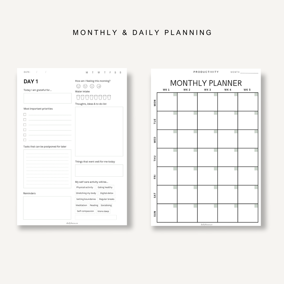 Monthly & Daily Planning, staying organised and productive, Inside Pages